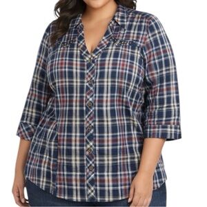 Unique Spectrum Women Plaid Shirt in Navy, Red & Cream Size 2X Stud Accents